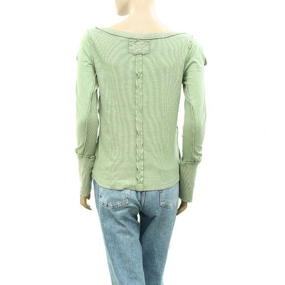 Free People We The Free Daisy Chain Cuff Blouse Top Ribbed Green S NWD - Picture 10 of 10